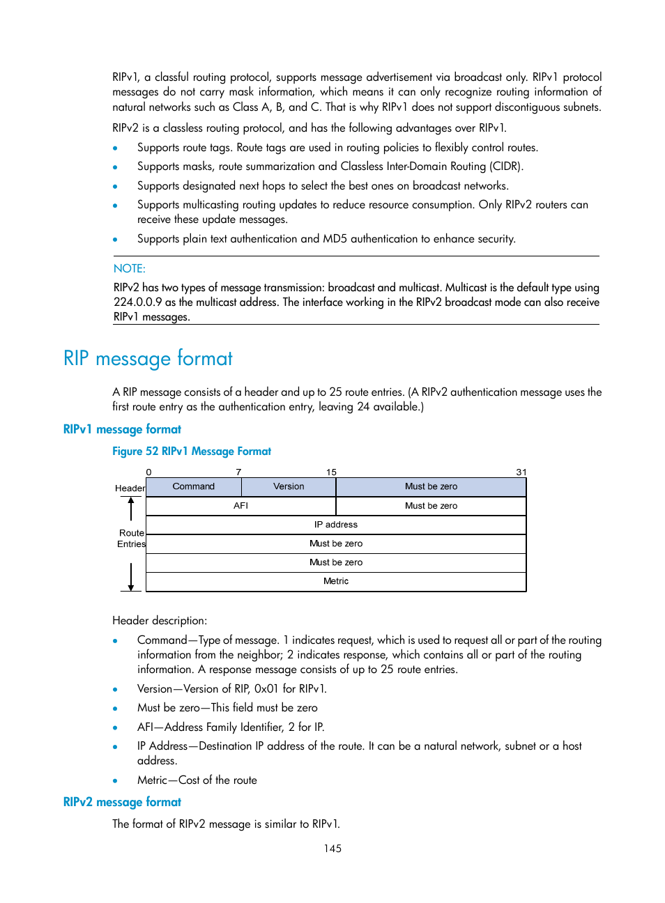 Rip message format, Ripv1 message format, Ripv2 message format | H3C Technologies H3C WX3000E Series Wireless Switches User Manual | Page 156 / 191