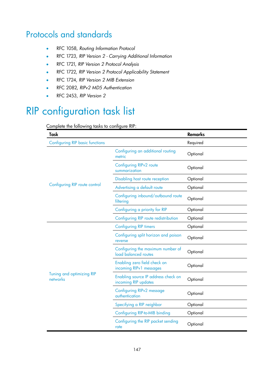 Protocols and standards, Rip configuration task list | H3C Technologies H3C WX3000E Series Wireless Switches User Manual | Page 158 / 191