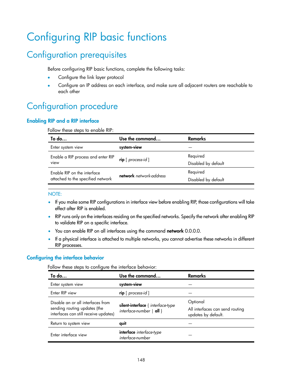 Configuring rip basic functions, Configuration prerequisites, Configuration procedure | Enabling rip and a rip interface, Configuring the interface behavior | H3C Technologies H3C WX3000E Series Wireless Switches User Manual | Page 159 / 191
