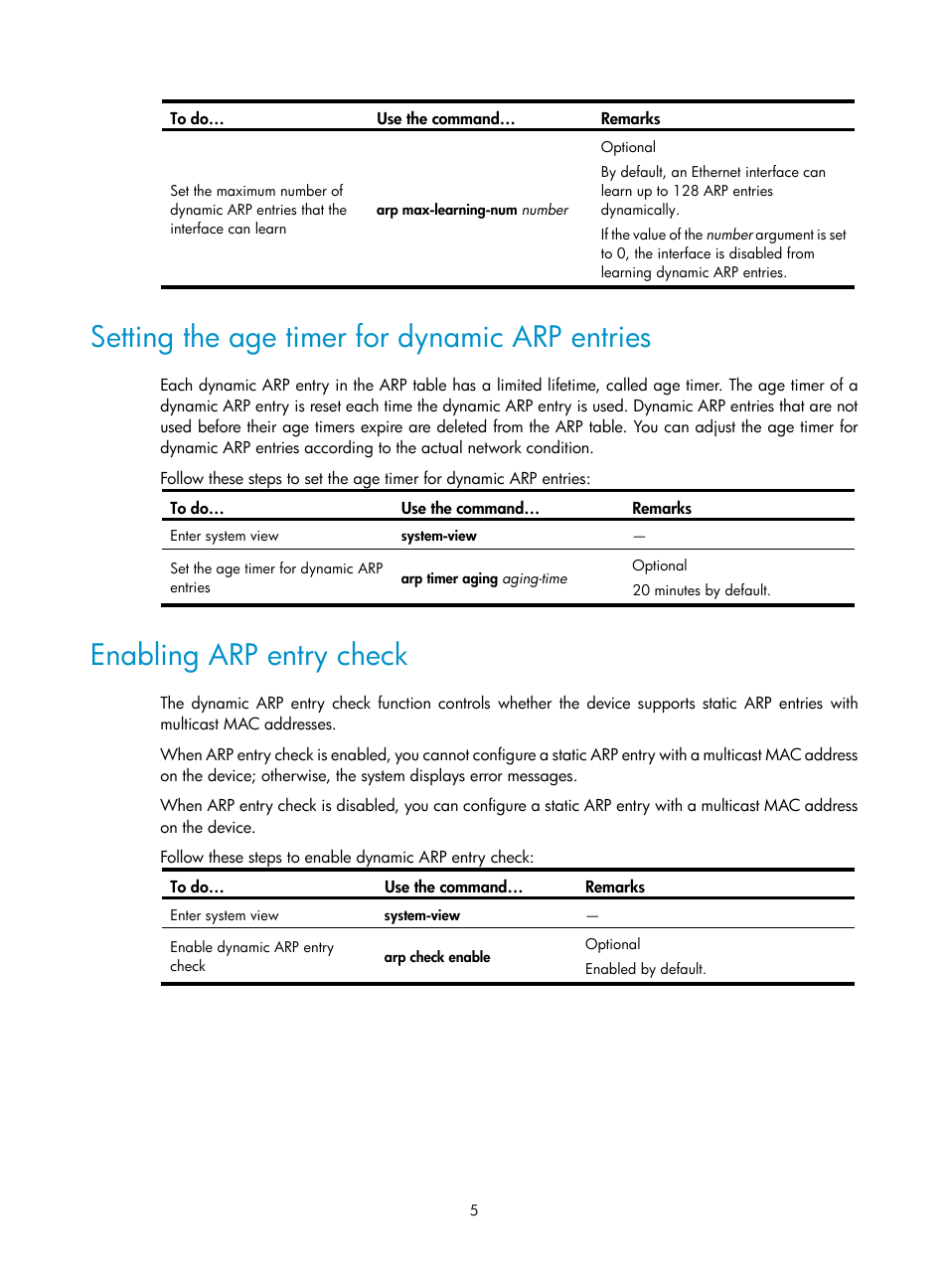 Setting the age timer for dynamic arp entries, Enabling arp entry check | H3C Technologies H3C WX3000E Series Wireless Switches User Manual | Page 16 / 191