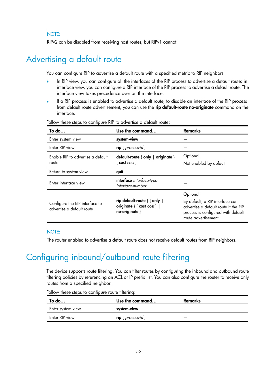 Advertising a default route, Configuring inbound/outbound route filtering | H3C Technologies H3C WX3000E Series Wireless Switches User Manual | Page 163 / 191