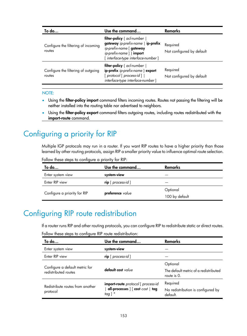 Configuring a priority for rip, Configuring rip route redistribution | H3C Technologies H3C WX3000E Series Wireless Switches User Manual | Page 164 / 191