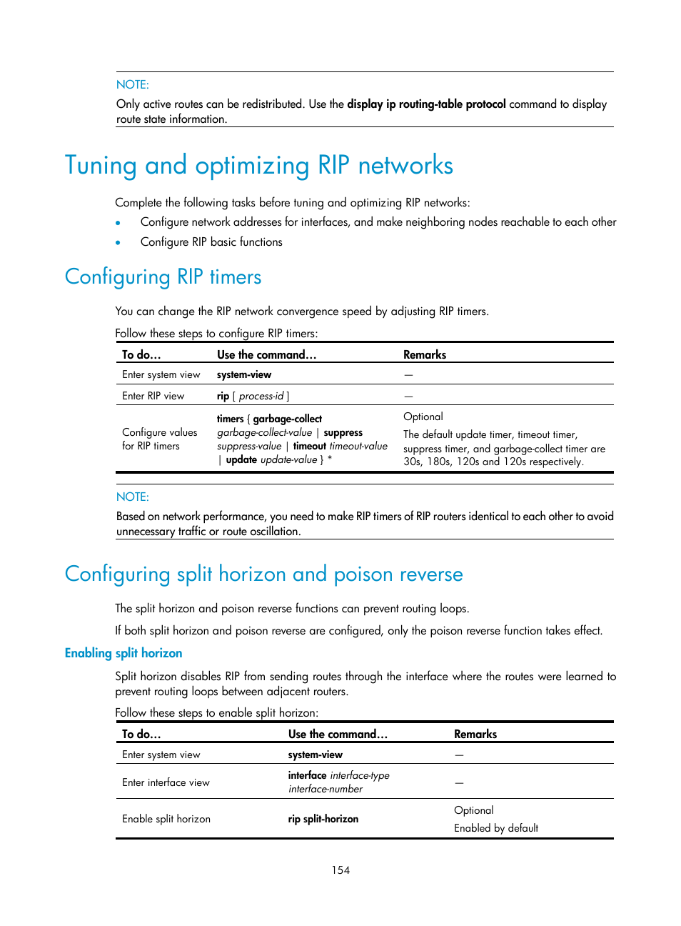 Tuning and optimizing rip networks, Configuring rip timers, Configuring split horizon and poison reverse | Enabling split horizon | H3C Technologies H3C WX3000E Series Wireless Switches User Manual | Page 165 / 191