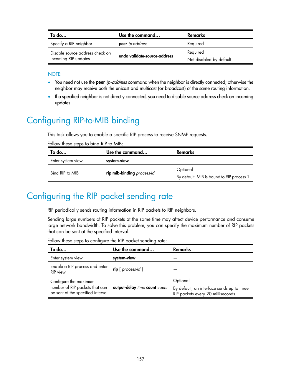 Configuring rip-to-mib binding, Configuring the rip packet sending rate | H3C Technologies H3C WX3000E Series Wireless Switches User Manual | Page 168 / 191