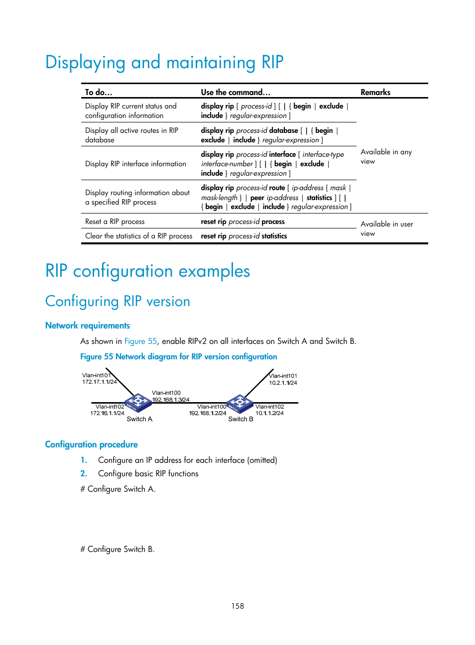 Displaying and maintaining rip, Rip configuration examples, Configuring rip version | Network requirements, Configuration procedure | H3C Technologies H3C WX3000E Series Wireless Switches User Manual | Page 169 / 191