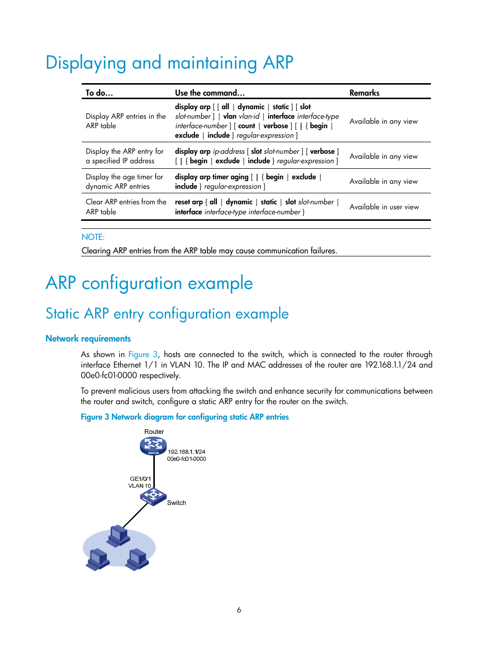 Displaying and maintaining arp, Arp configuration example, Static arp entry configuration example | Network requirements | H3C Technologies H3C WX3000E Series Wireless Switches User Manual | Page 17 / 191