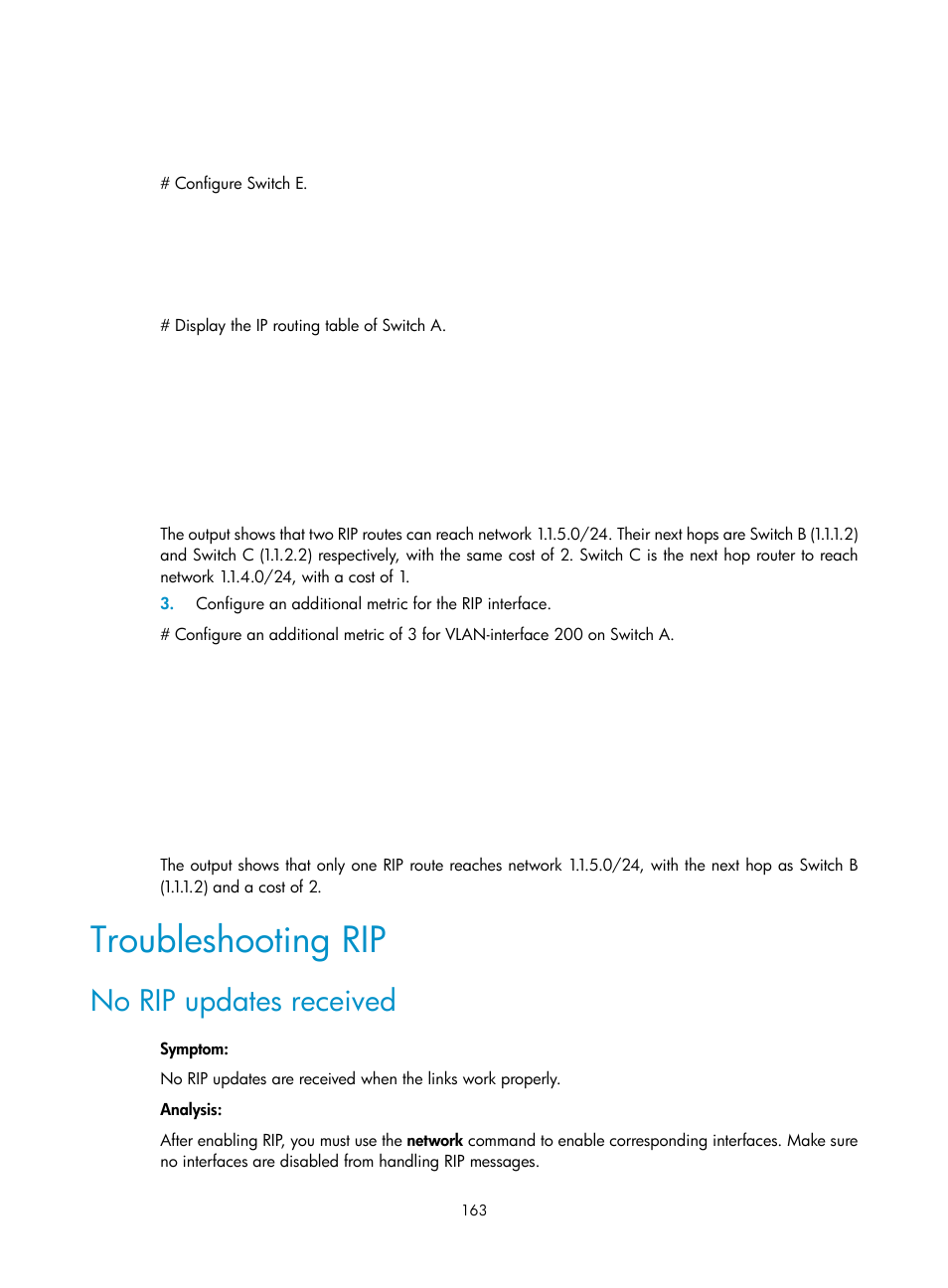 Troubleshooting rip, No rip updates received | H3C Technologies H3C WX3000E Series Wireless Switches User Manual | Page 174 / 191