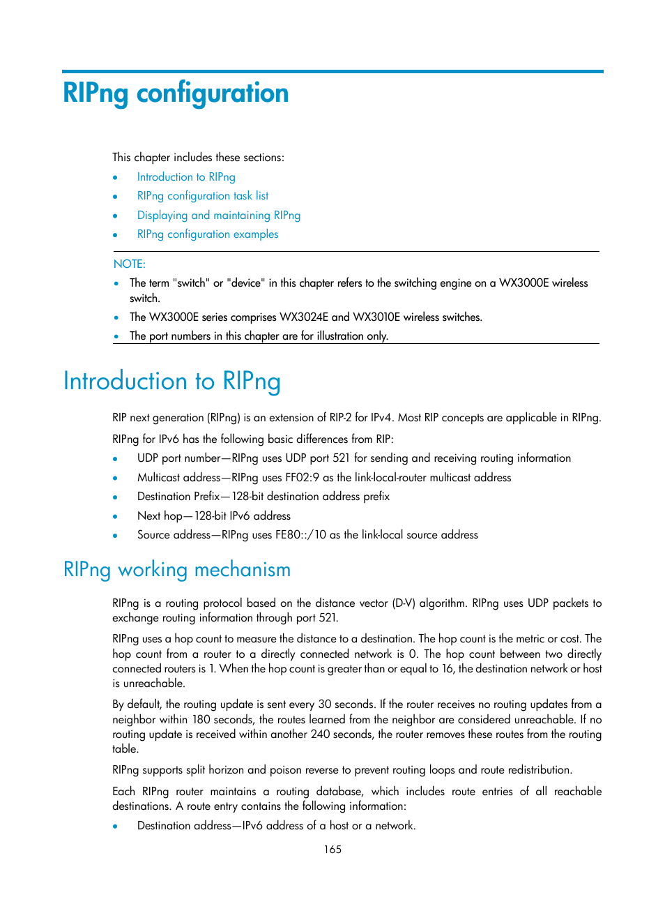 Ripng configuration, Introduction to ripng, Ripng working mechanism | H3C Technologies H3C WX3000E Series Wireless Switches User Manual | Page 176 / 191