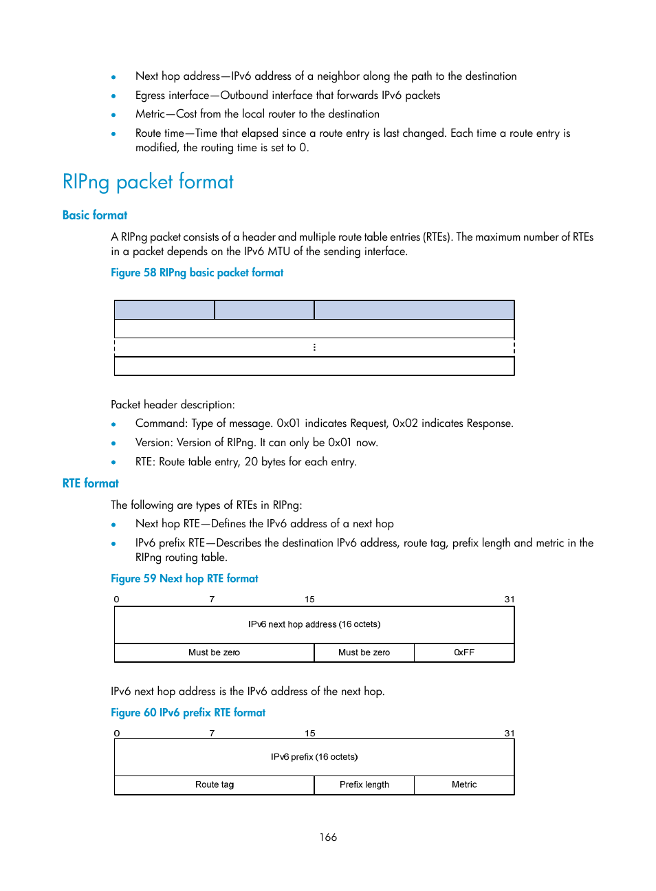 Ripng packet format, Basic format, Rte format | H3C Technologies H3C WX3000E Series Wireless Switches User Manual | Page 177 / 191