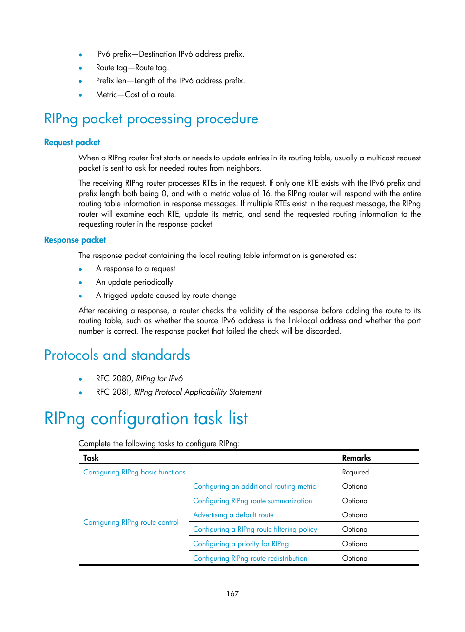 Ripng packet processing procedure, Request packet, Response packet | Protocols and standards, Ripng configuration task list | H3C Technologies H3C WX3000E Series Wireless Switches User Manual | Page 178 / 191