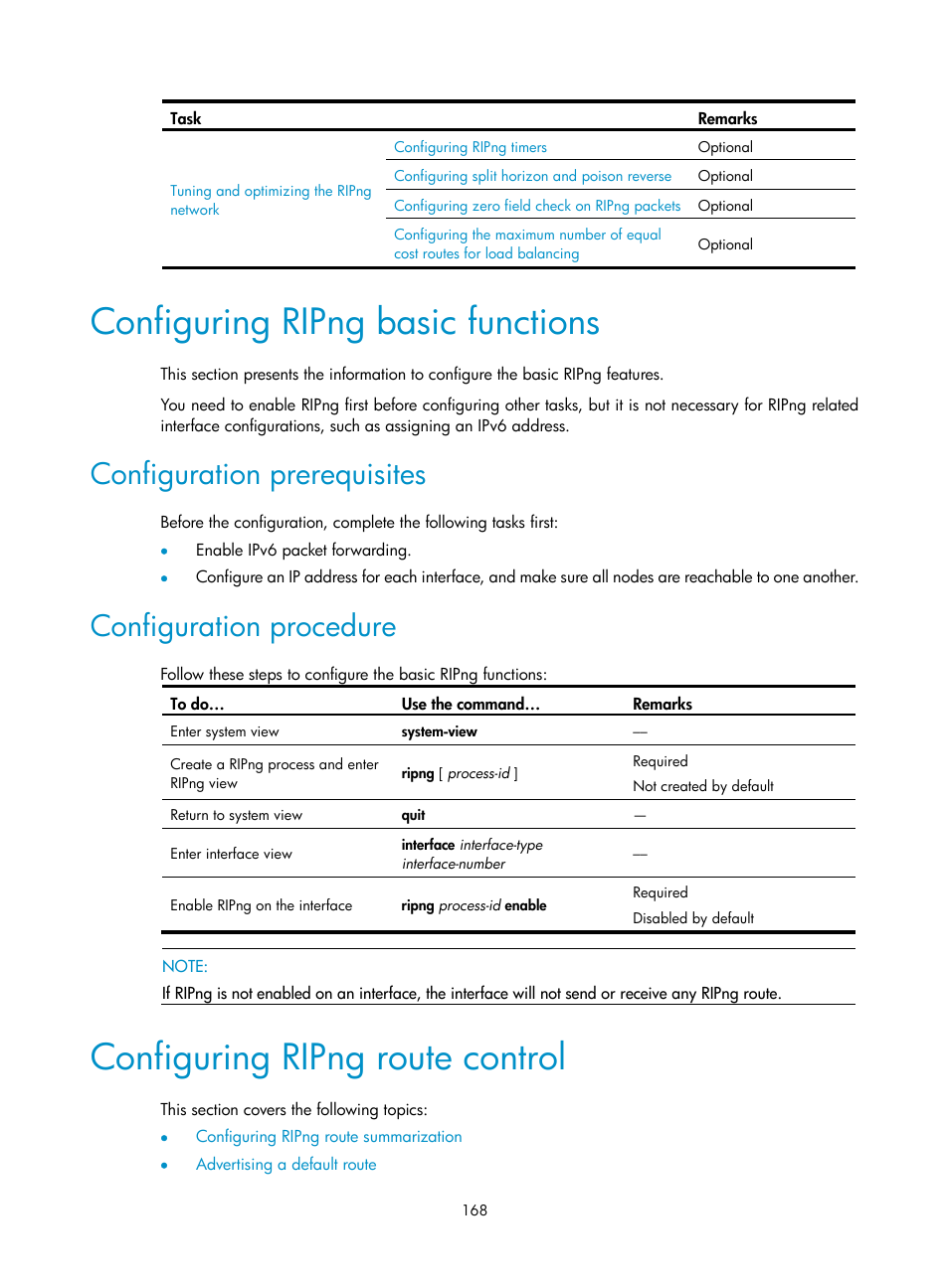 Configuring ripng basic functions, Configuration prerequisites, Configuration procedure | Configuring ripng route control | H3C Technologies H3C WX3000E Series Wireless Switches User Manual | Page 179 / 191