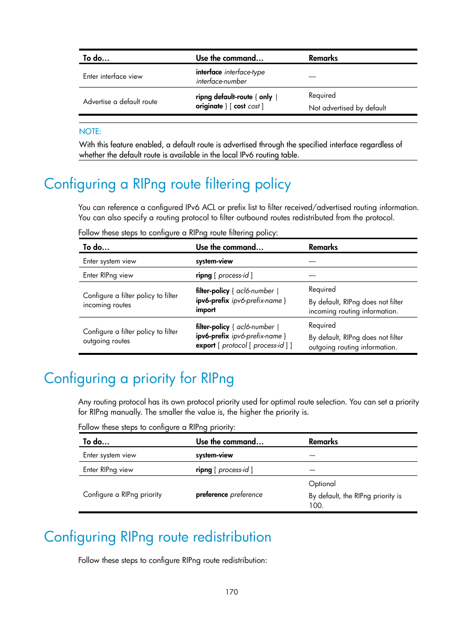 Configuring a ripng route filtering policy, Configuring a priority for ripng, Configuring ripng route redistribution | H3C Technologies H3C WX3000E Series Wireless Switches User Manual | Page 181 / 191