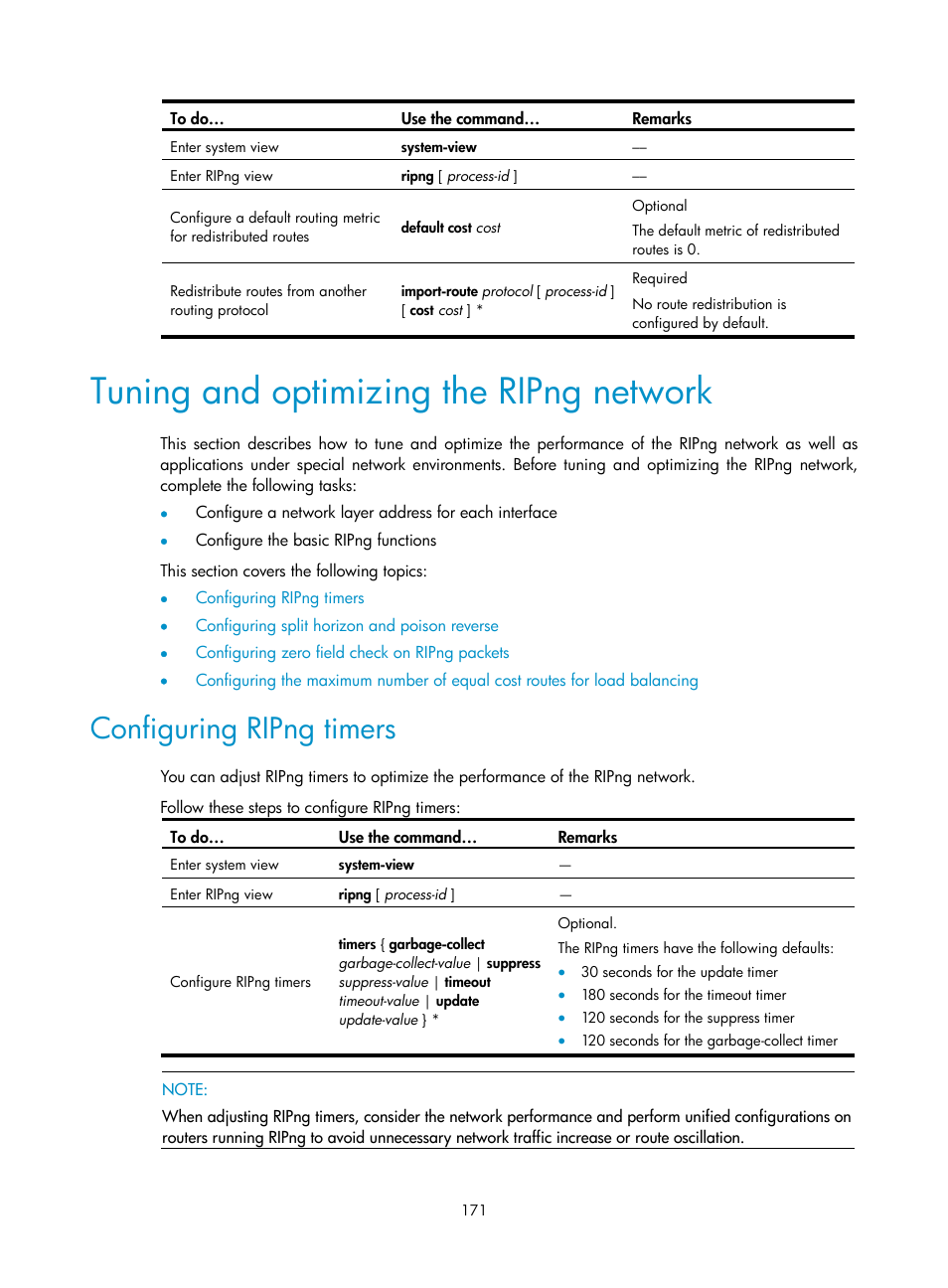 Tuning and optimizing the ripng network, Configuring ripng timers | H3C Technologies H3C WX3000E Series Wireless Switches User Manual | Page 182 / 191