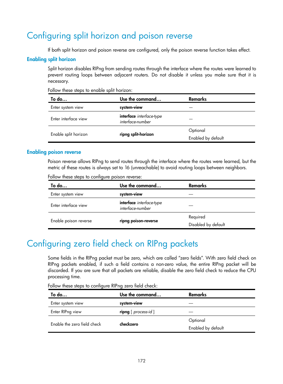 Configuring split horizon and poison reverse, Enabling split horizon, Enabling poison reverse | Configuring zero field check on ripng packets | H3C Technologies H3C WX3000E Series Wireless Switches User Manual | Page 183 / 191