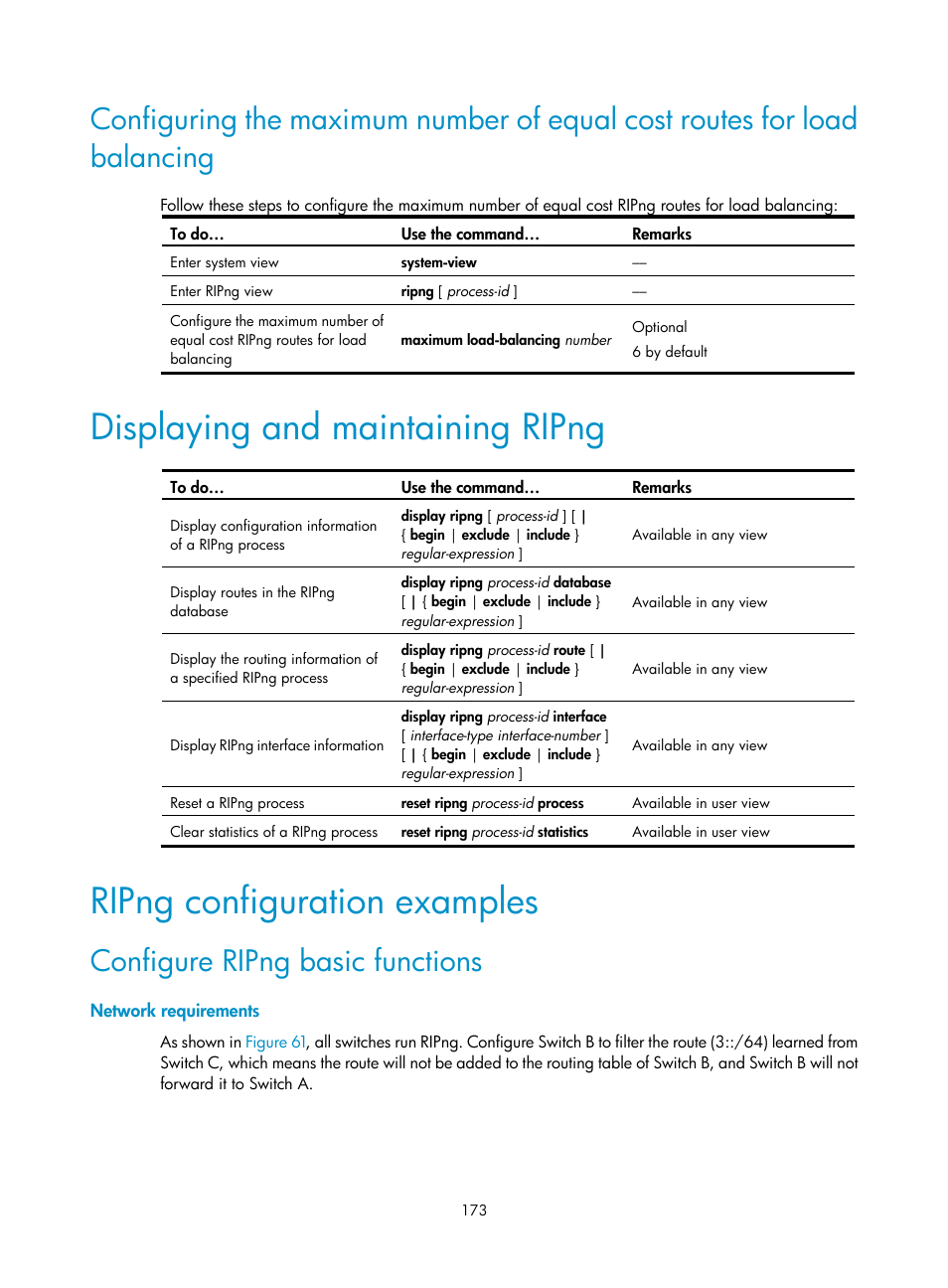 Displaying and maintaining ripng, Ripng configuration examples, Configure ripng basic functions | Network requirements | H3C Technologies H3C WX3000E Series Wireless Switches User Manual | Page 184 / 191