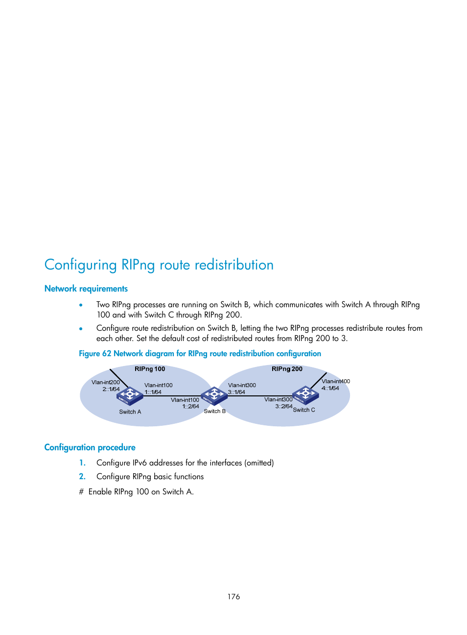 Configuring ripng route redistribution, Network requirements, Configuration procedure | H3C Technologies H3C WX3000E Series Wireless Switches User Manual | Page 187 / 191