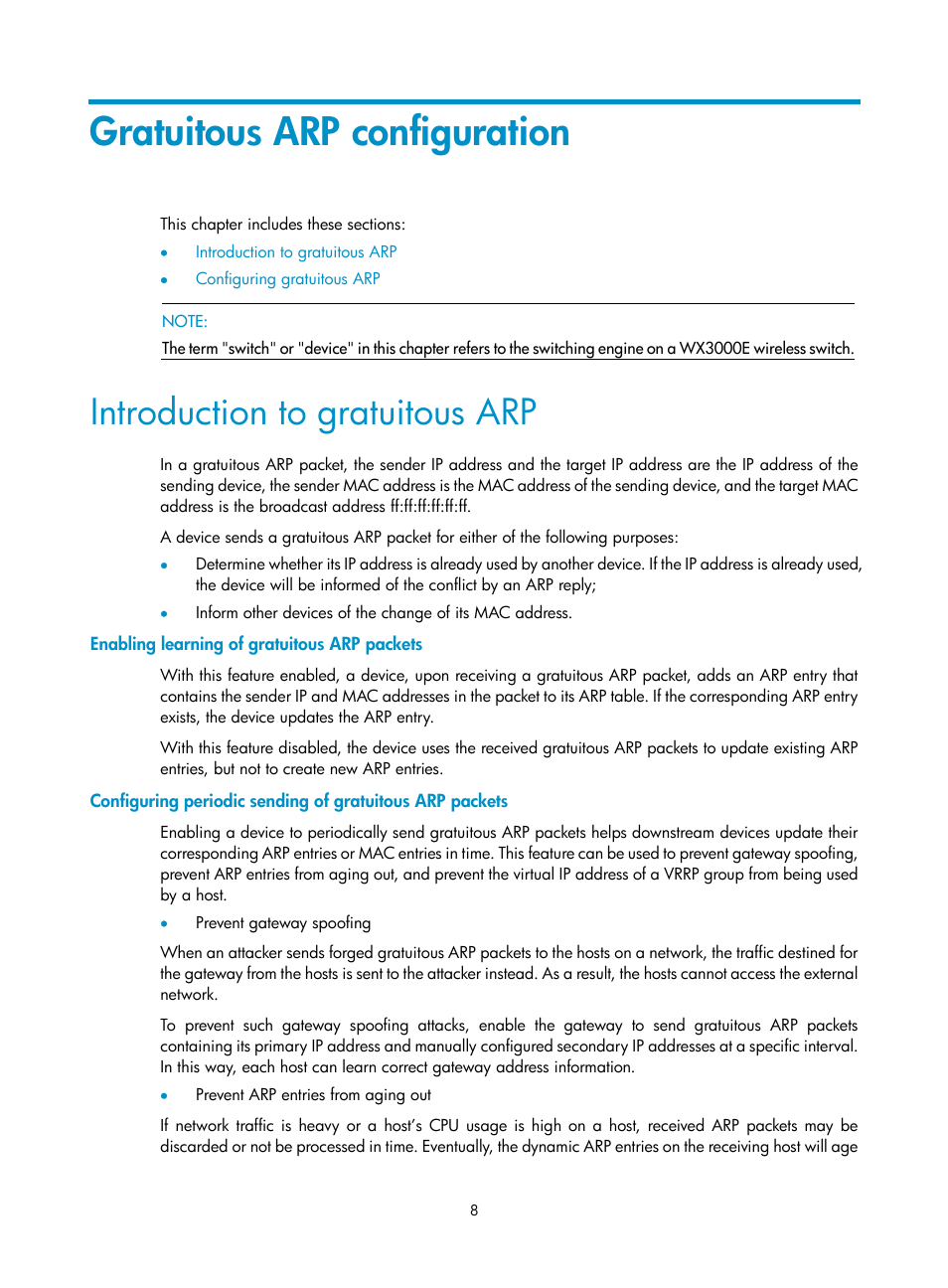 Gratuitous arp configuration, Introduction to gratuitous arp, Enabling learning of gratuitous arp packets | H3C Technologies H3C WX3000E Series Wireless Switches User Manual | Page 19 / 191