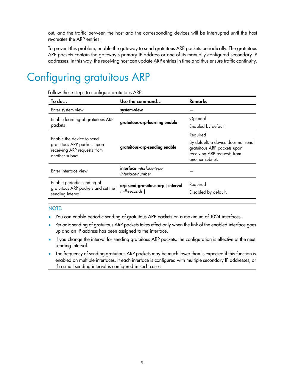 Configuring gratuitous arp | H3C Technologies H3C WX3000E Series Wireless Switches User Manual | Page 20 / 191