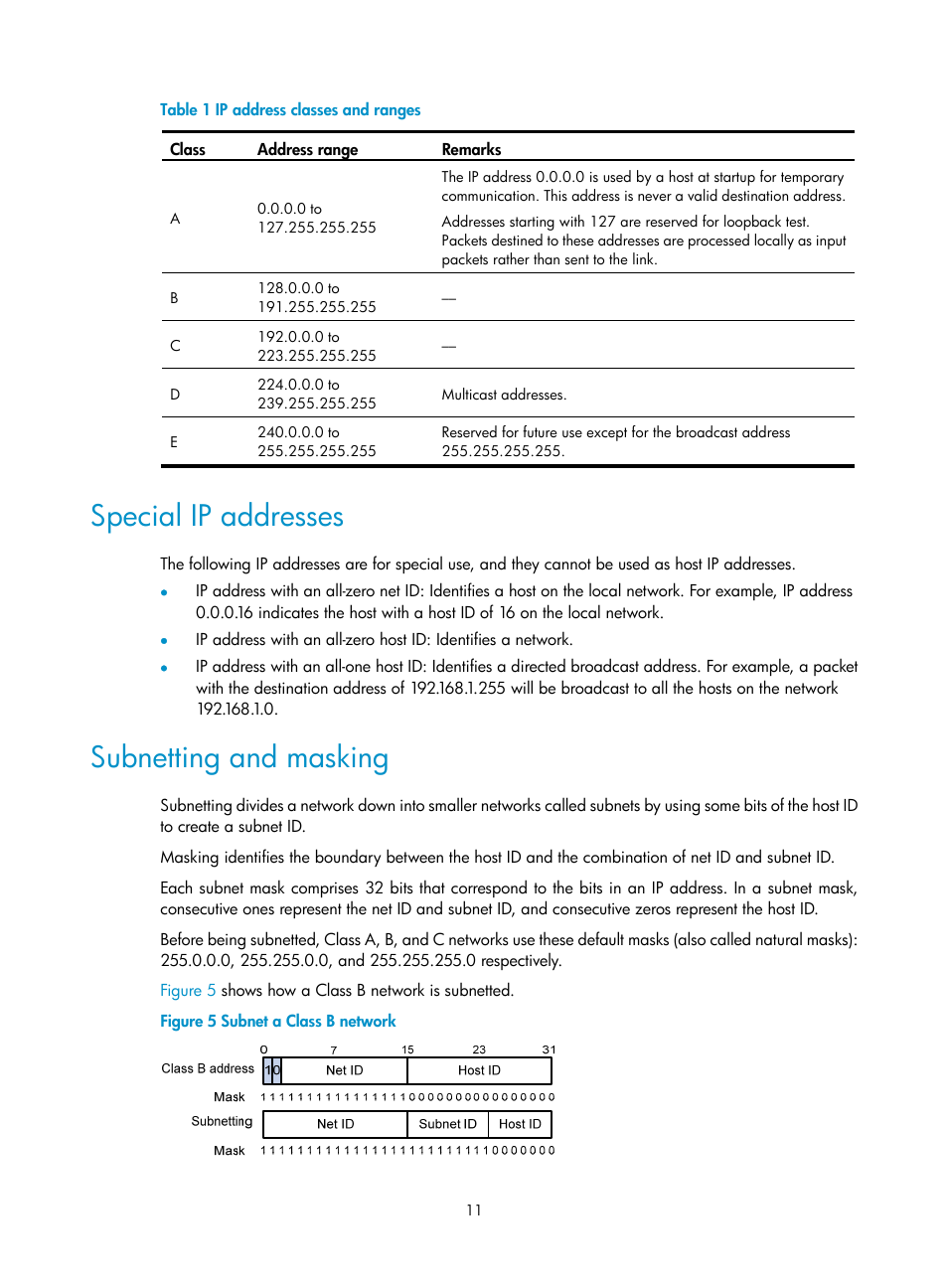 Special ip addresses, Subnetting and masking, Table 1 | H3C Technologies H3C WX3000E Series Wireless Switches User Manual | Page 22 / 191