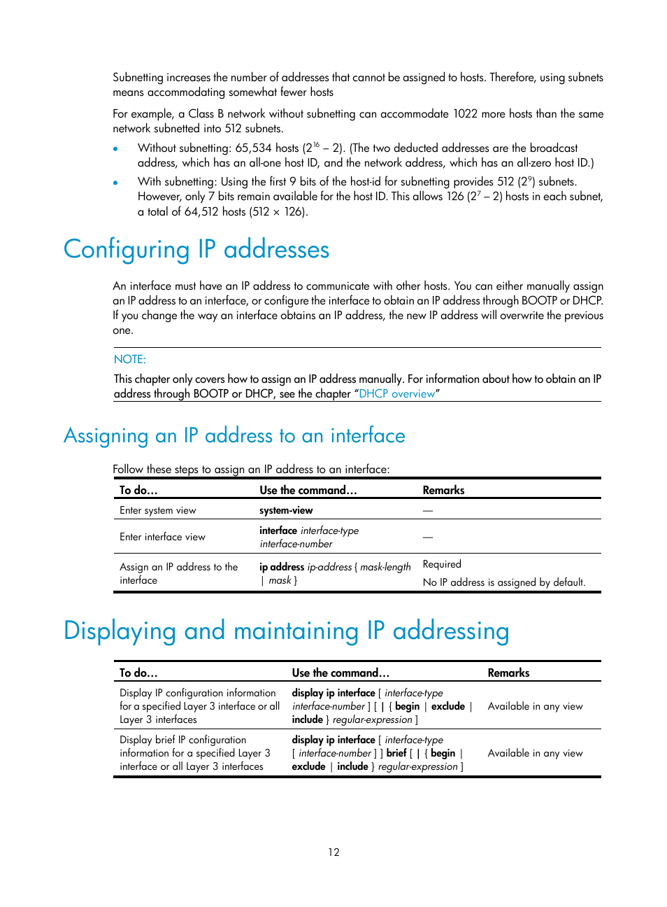 Configuring ip addresses, Assigning an ip address to an interface, Displaying and maintaining ip addressing | H3C Technologies H3C WX3000E Series Wireless Switches User Manual | Page 23 / 191