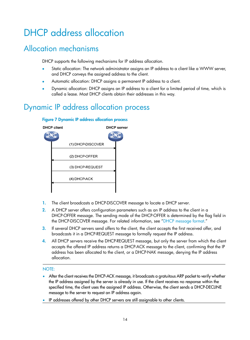 Dhcp address allocation, Allocation mechanisms, Dynamic ip address allocation process | H3C Technologies H3C WX3000E Series Wireless Switches User Manual | Page 25 / 191