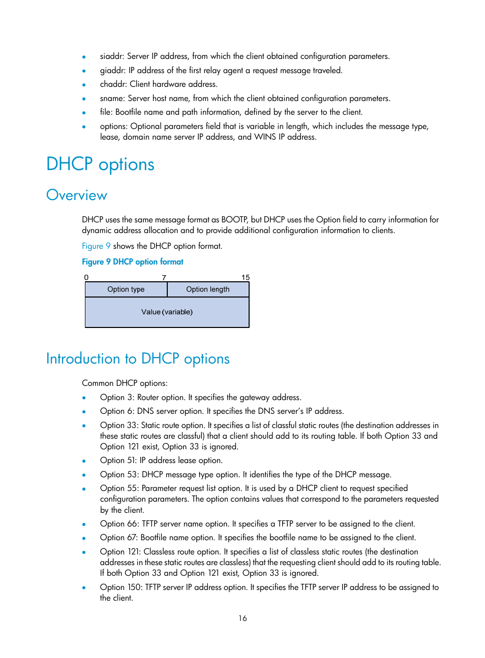 Dhcp options, Overview, Introduction to dhcp options | H3C Technologies H3C WX3000E Series Wireless Switches User Manual | Page 27 / 191