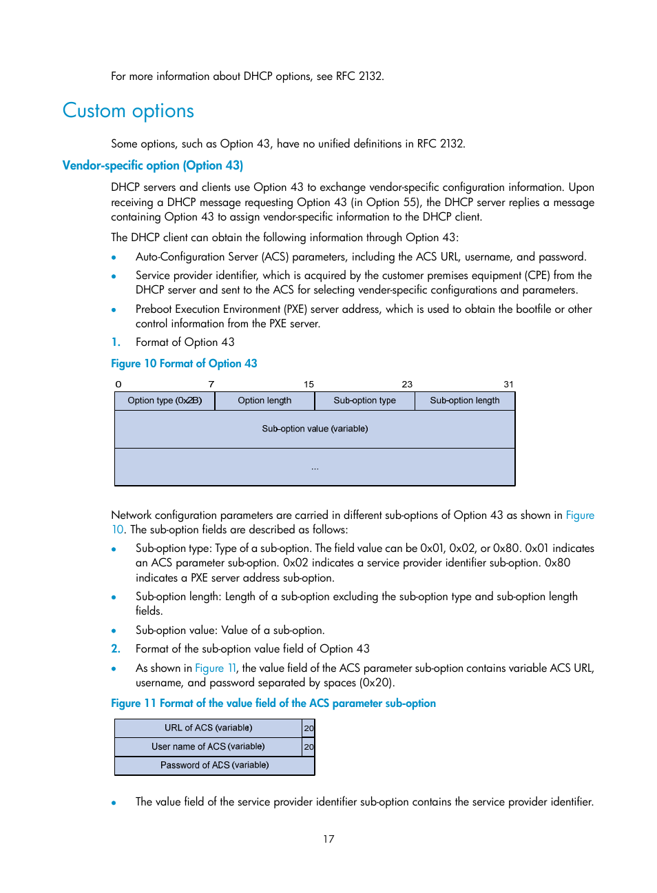 Custom options, Vendor-specific option (option 43) | H3C Technologies H3C WX3000E Series Wireless Switches User Manual | Page 28 / 191