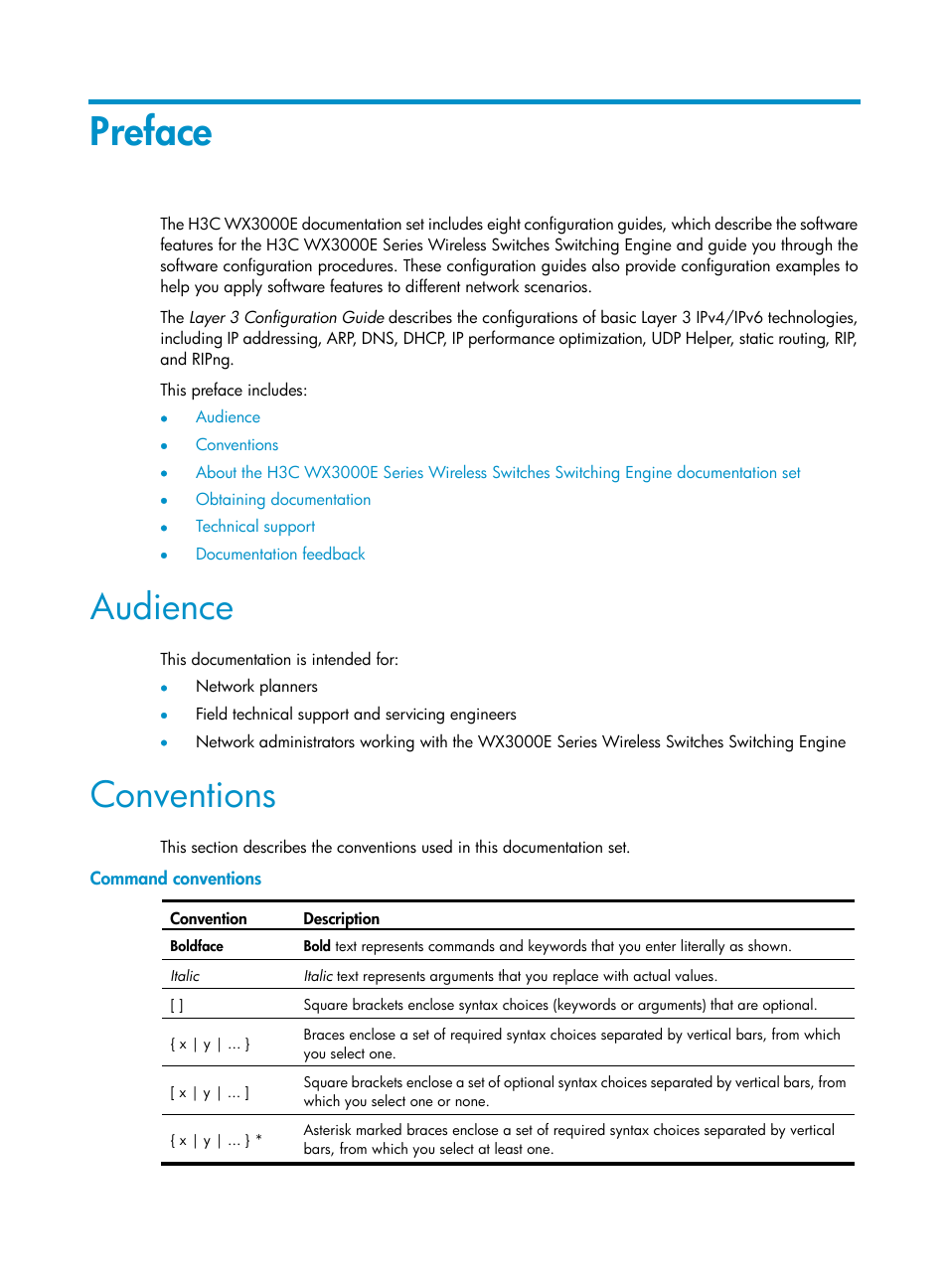 Preface, Audience, Conventions | Command conventions | H3C Technologies H3C WX3000E Series Wireless Switches User Manual | Page 3 / 191