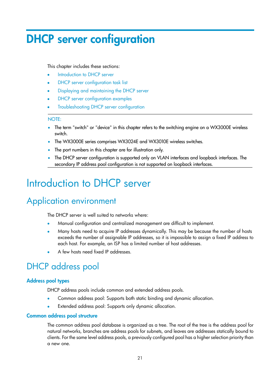 Dhcp server configuration, Introduction to dhcp server, Application environment | Dhcp address pool, Address pool types, Common address pool structure | H3C Technologies H3C WX3000E Series Wireless Switches User Manual | Page 32 / 191