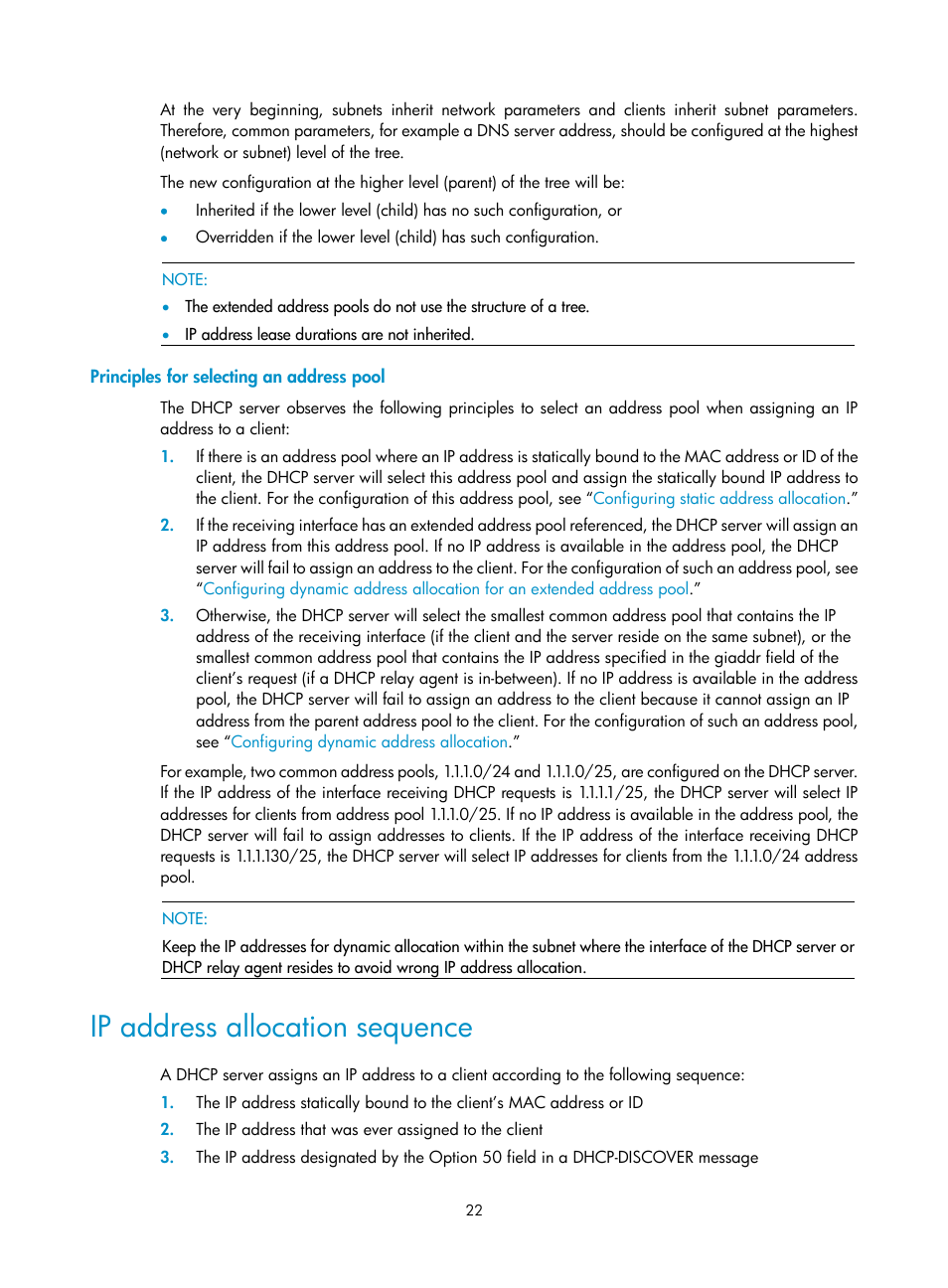 Principles for selecting an address pool, Ip address allocation sequence | H3C Technologies H3C WX3000E Series Wireless Switches User Manual | Page 33 / 191
