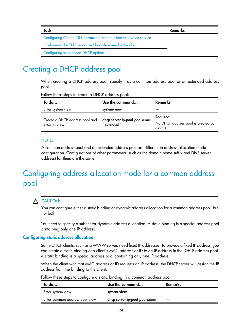 Creating a dhcp address pool, Configuring static address allocation, Configuring address allocation mode for a | Common address pool | H3C Technologies H3C WX3000E Series Wireless Switches User Manual | Page 35 / 191