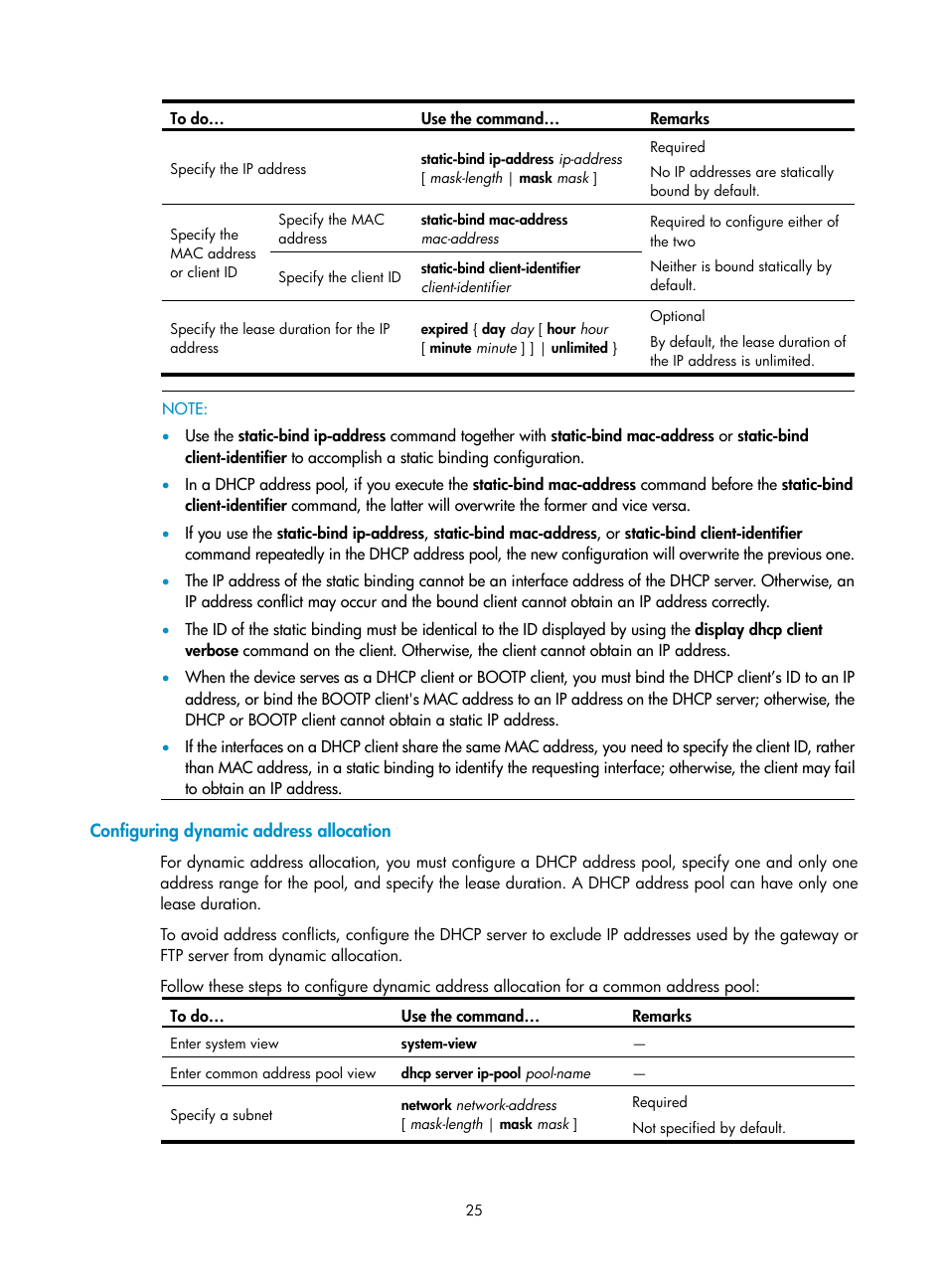 Configuring dynamic address allocation | H3C Technologies H3C WX3000E Series Wireless Switches User Manual | Page 36 / 191