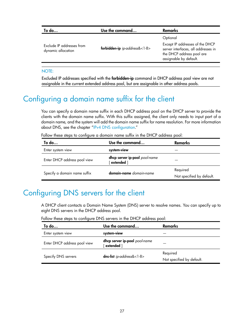 Configuring a domain name suffix for the client, Configuring dns servers for the client | H3C Technologies H3C WX3000E Series Wireless Switches User Manual | Page 38 / 191