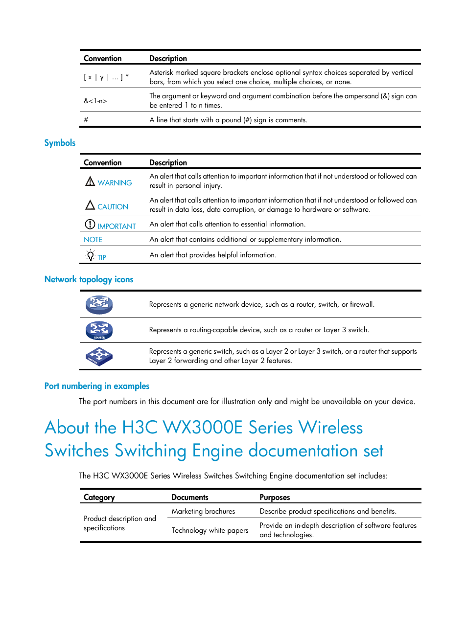 Symbols, Network topology icons, Port numbering in examples | H3C Technologies H3C WX3000E Series Wireless Switches User Manual | Page 4 / 191