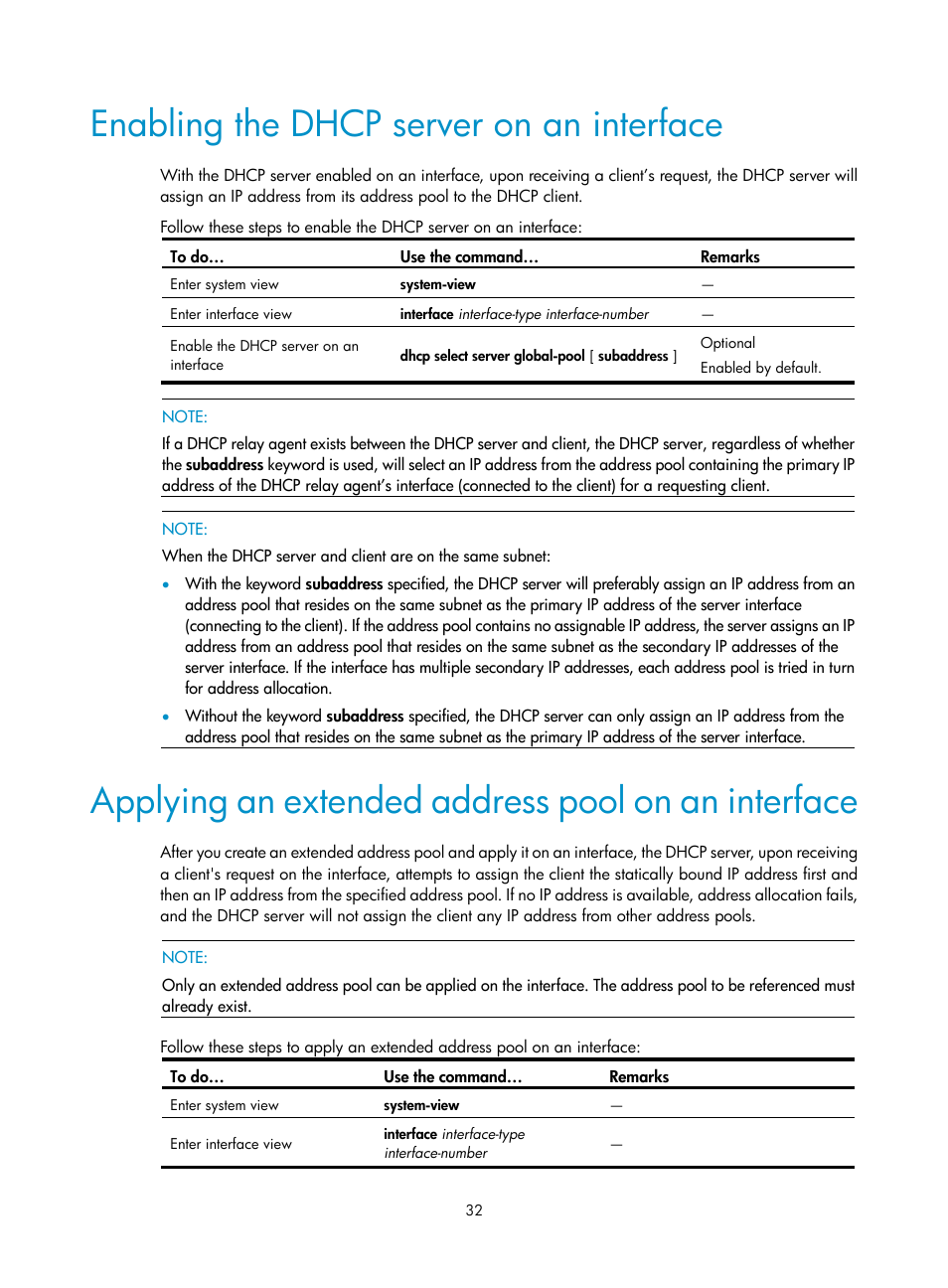 Enabling the dhcp server on an interface, Applying an extended address pool on an interface | H3C Technologies H3C WX3000E Series Wireless Switches User Manual | Page 43 / 191