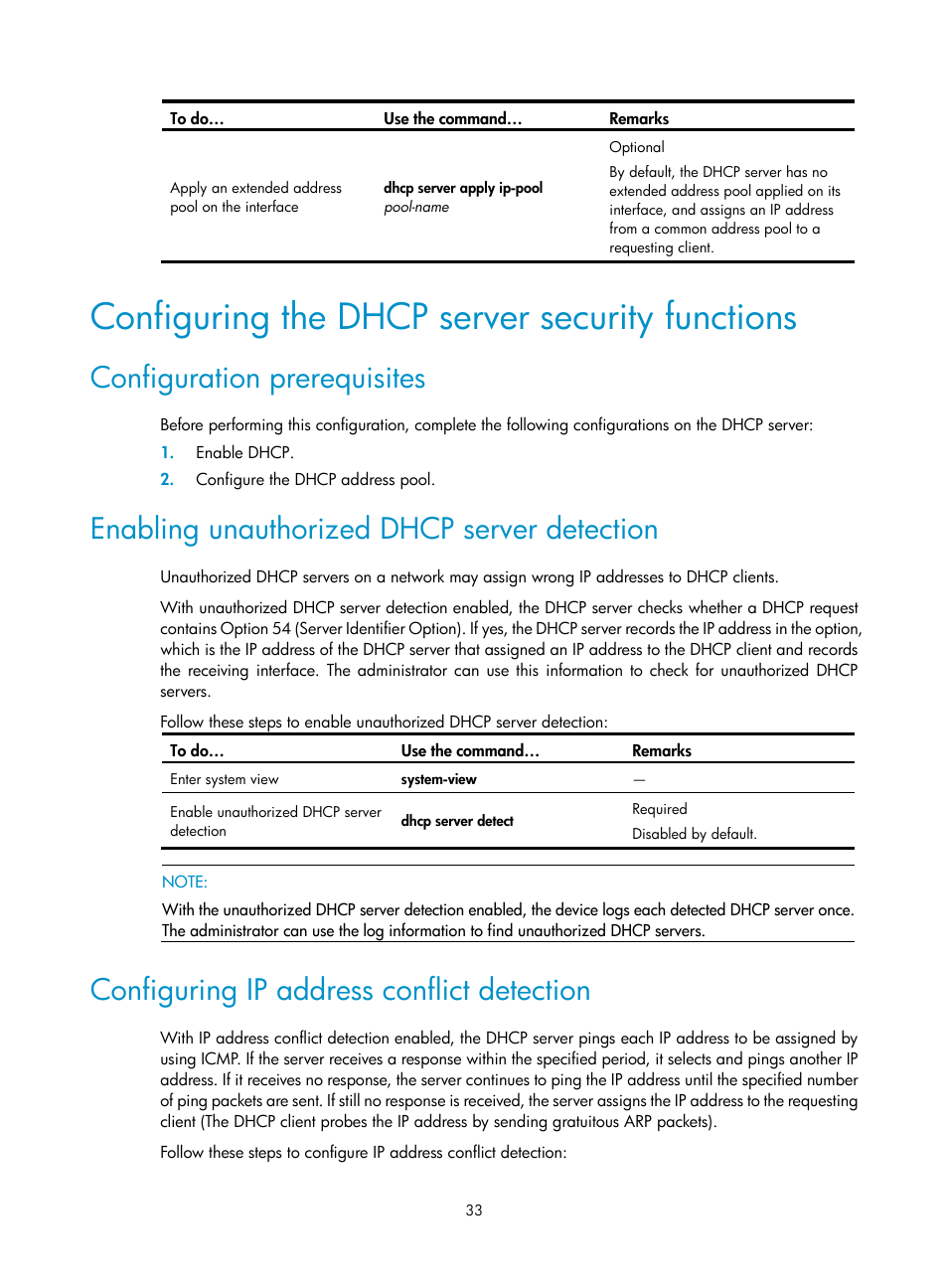 Configuring the dhcp server security functions, Configuration prerequisites, Enabling unauthorized dhcp server detection | Configuring ip address conflict detection | H3C Technologies H3C WX3000E Series Wireless Switches User Manual | Page 44 / 191