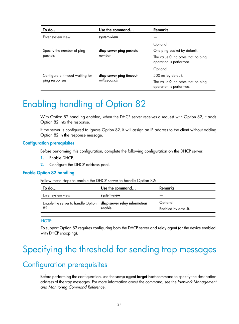 Enabling handling of option 82, Configuration prerequisites, Enable option 82 handling | Specifying the threshold for sending trap messages | H3C Technologies H3C WX3000E Series Wireless Switches User Manual | Page 45 / 191