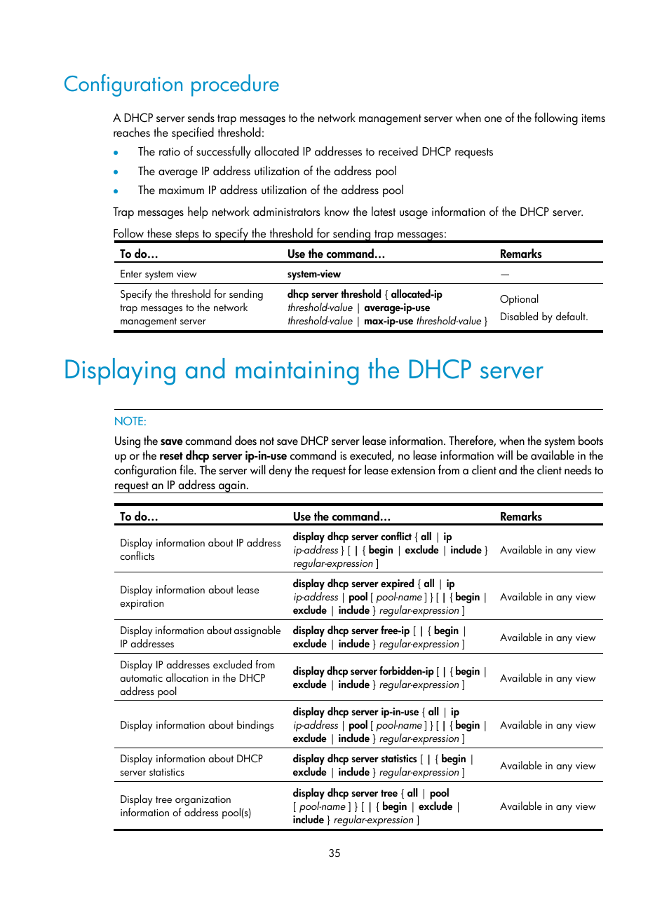 Configuration procedure, Displaying and maintaining the dhcp server | H3C Technologies H3C WX3000E Series Wireless Switches User Manual | Page 46 / 191