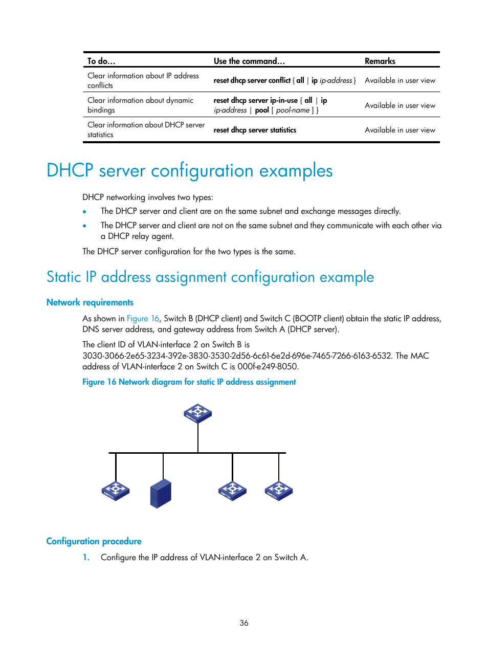 Dhcp server configuration examples, Static ip address assignment configuration example, Network requirements | Configuration procedure | H3C Technologies H3C WX3000E Series Wireless Switches User Manual | Page 47 / 191