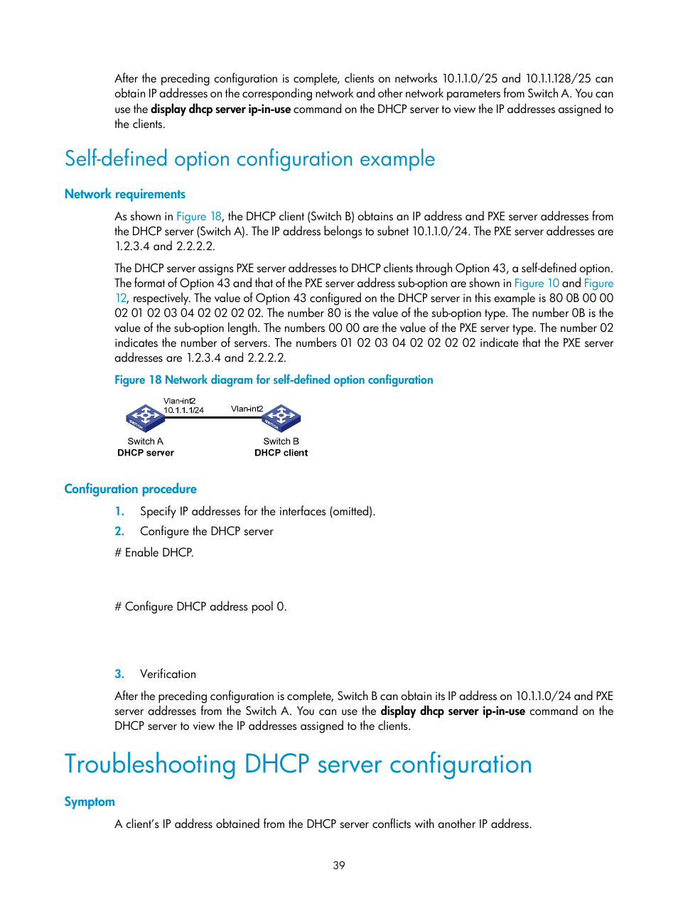 Self-defined option configuration example, Network requirements, Configuration procedure | Troubleshooting dhcp server configuration, Symptom | H3C Technologies H3C WX3000E Series Wireless Switches User Manual | Page 50 / 191