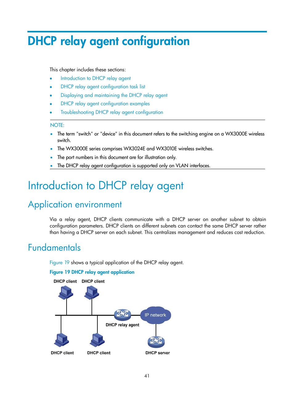 Dhcp relay agent configuration, Introduction to dhcp relay agent, Application environment | Fundamentals, Chapter | H3C Technologies H3C WX3000E Series Wireless Switches User Manual | Page 52 / 191