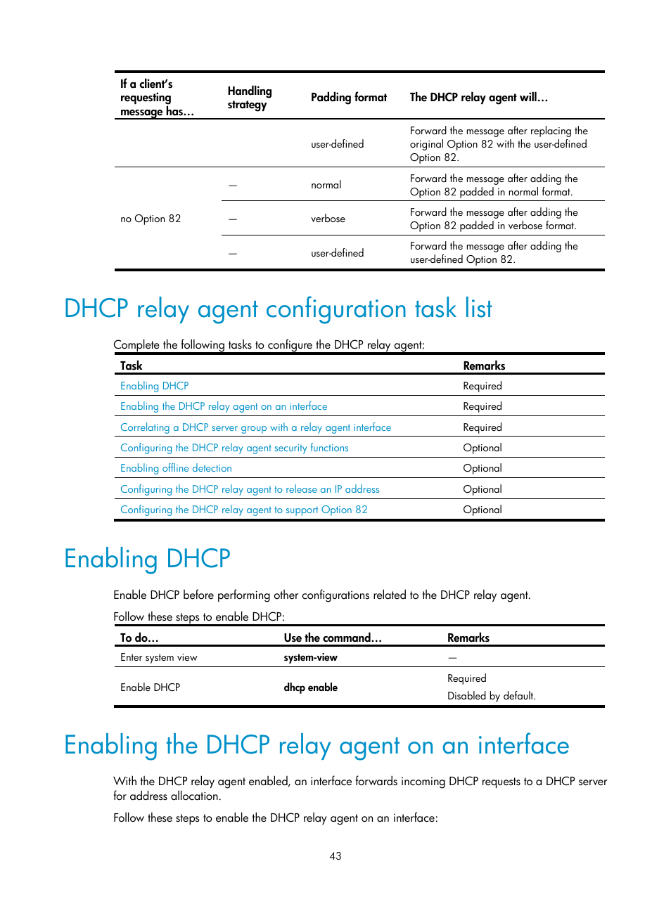 Dhcp relay agent configuration task list, Enabling dhcp, Enabling the dhcp relay agent on an interface | H3C Technologies H3C WX3000E Series Wireless Switches User Manual | Page 54 / 191