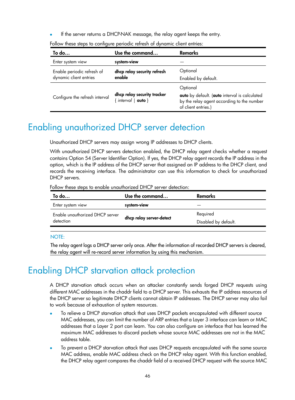 Enabling unauthorized dhcp server detection, Enabling dhcp starvation attack protection | H3C Technologies H3C WX3000E Series Wireless Switches User Manual | Page 57 / 191