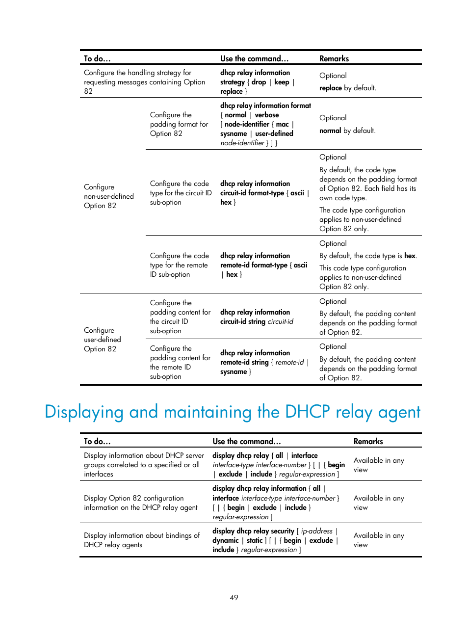 Displaying and maintaining the dhcp relay agent | H3C Technologies H3C WX3000E Series Wireless Switches User Manual | Page 60 / 191