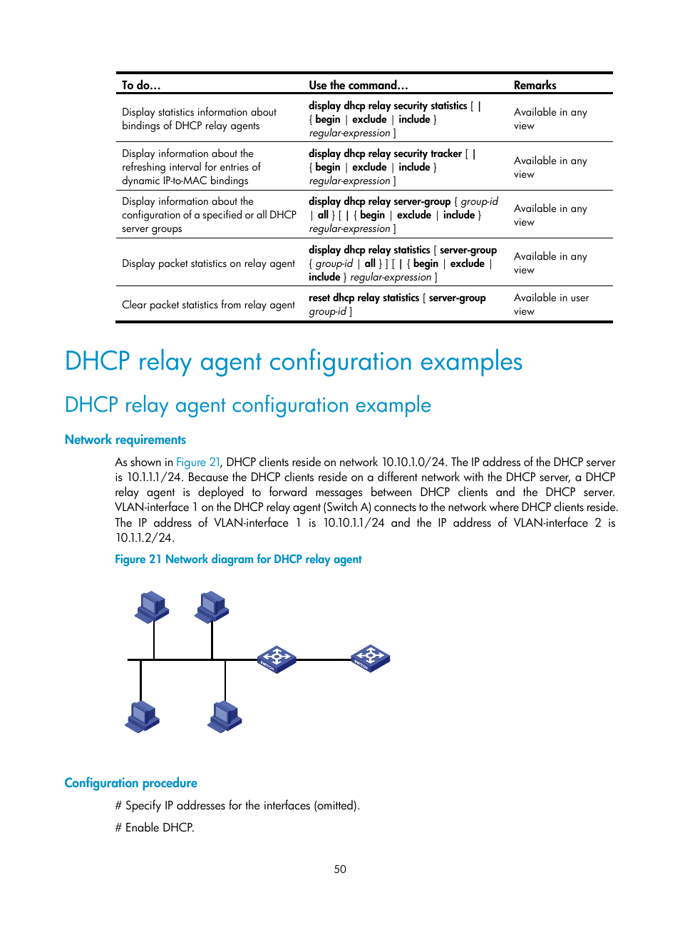 Dhcp relay agent configuration examples, Dhcp relay agent configuration example, Network requirements | Configuration procedure | H3C Technologies H3C WX3000E Series Wireless Switches User Manual | Page 61 / 191