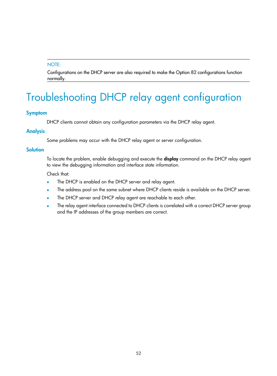 Troubleshooting dhcp relay agent configuration, Symptom, Analysis | Solution | H3C Technologies H3C WX3000E Series Wireless Switches User Manual | Page 63 / 191