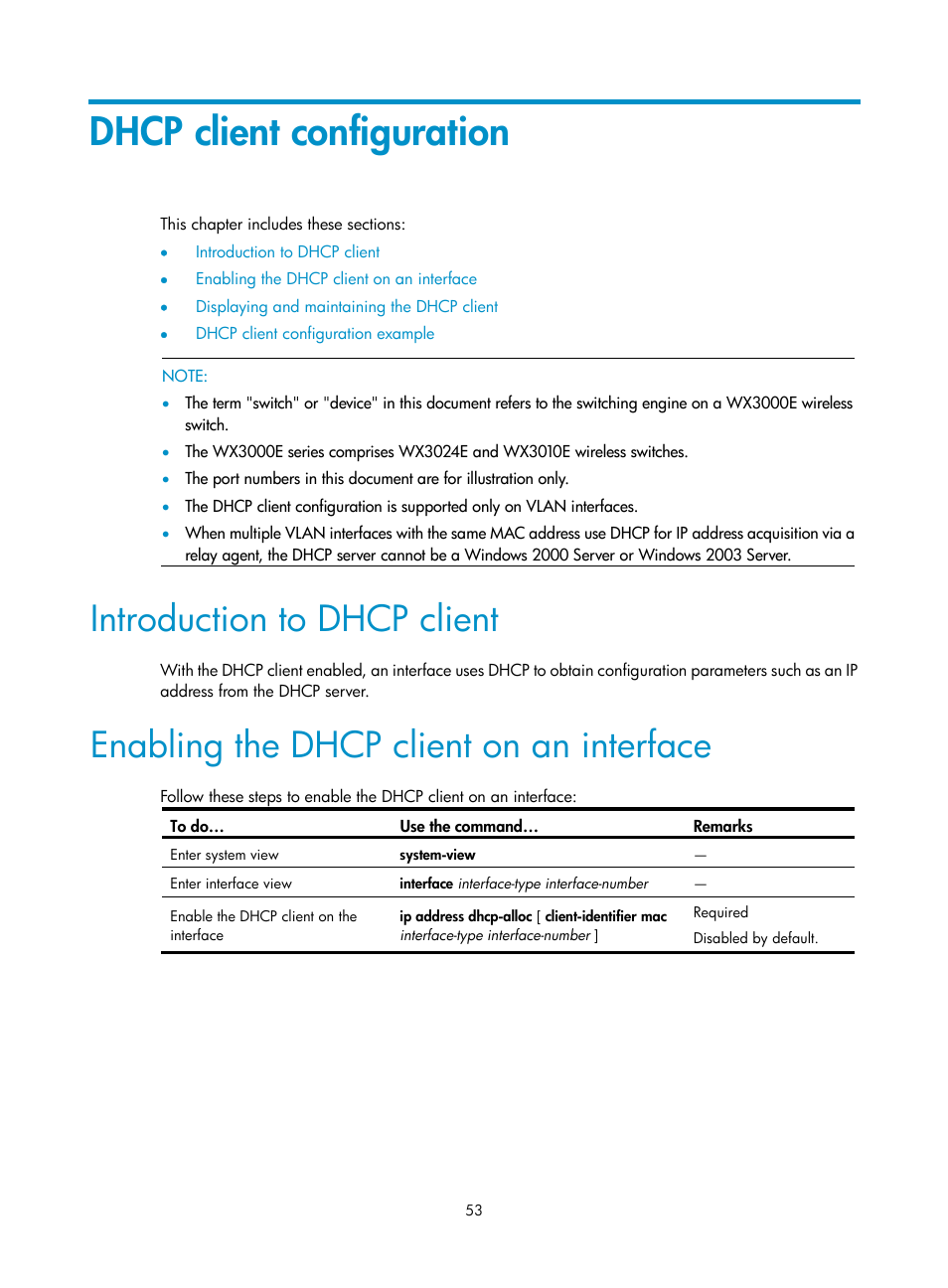 Dhcp client configuration, Introduction to dhcp client, Enabling the dhcp client on an interface | H3C Technologies H3C WX3000E Series Wireless Switches User Manual | Page 64 / 191