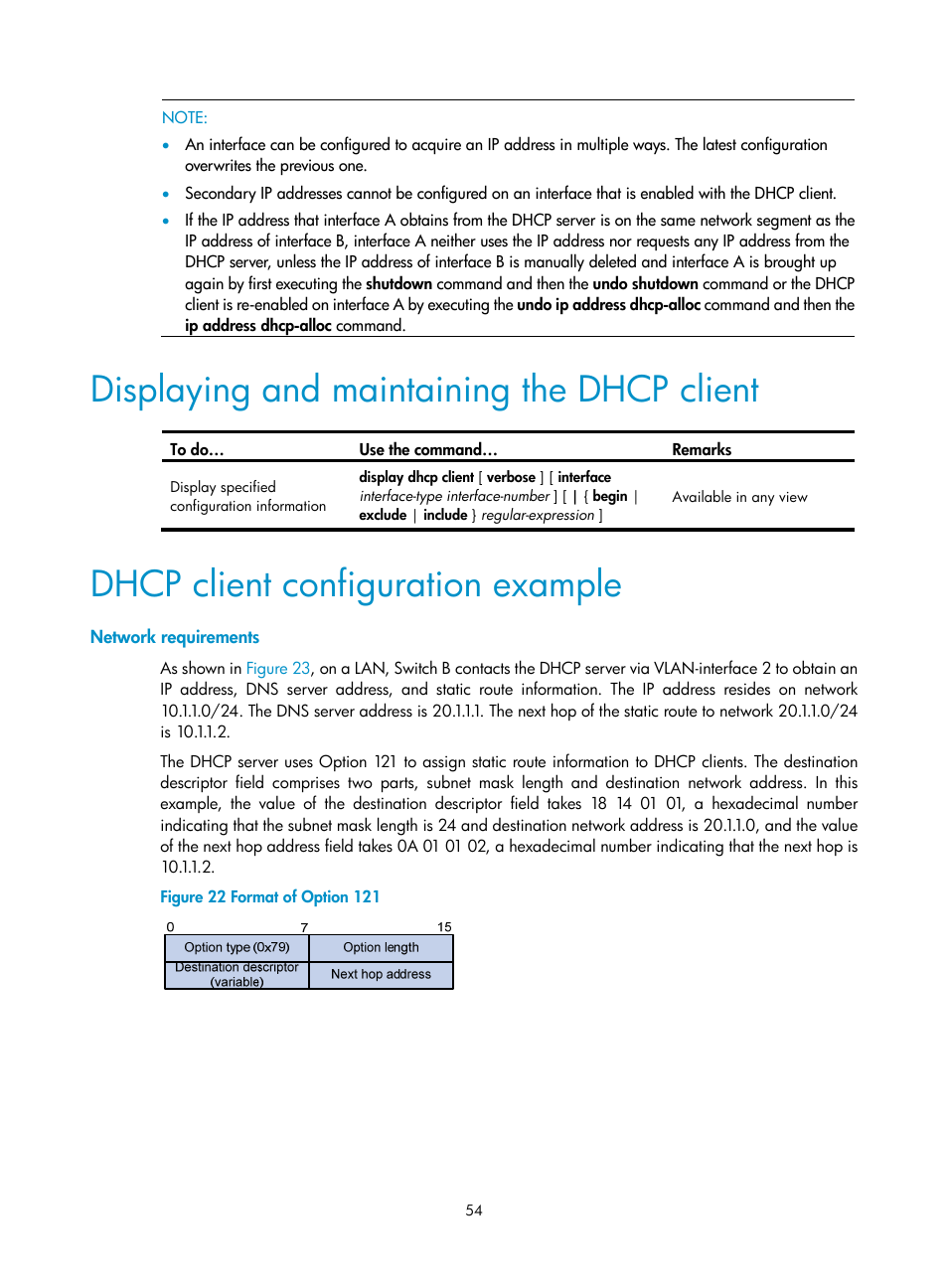 Displaying and maintaining the dhcp client, Dhcp client configuration example, Network requirements | H3C Technologies H3C WX3000E Series Wireless Switches User Manual | Page 65 / 191