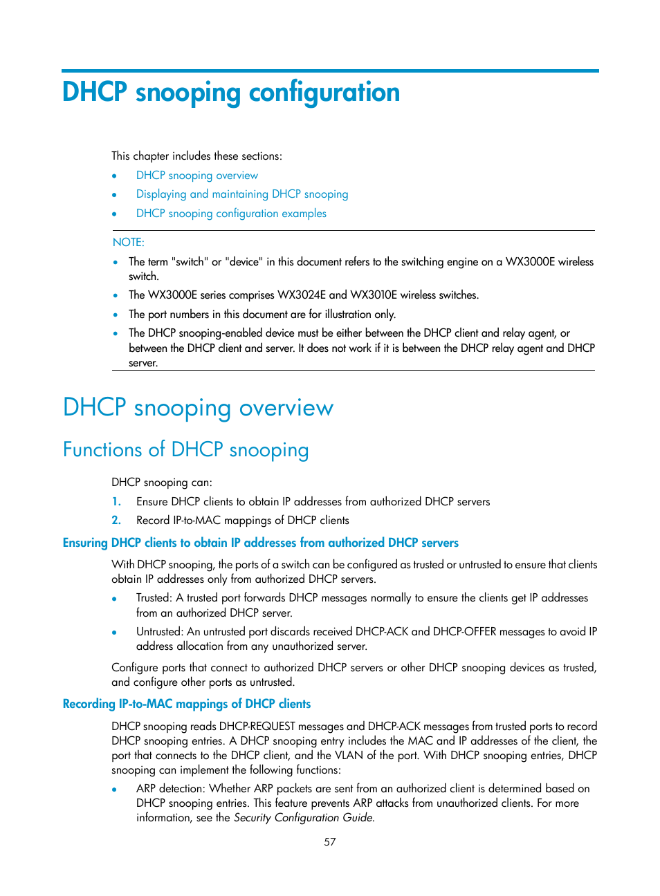 Dhcp snooping configuration, Dhcp snooping overview, Functions of dhcp snooping | Recording ip-to-mac mappings of dhcp clients | H3C Technologies H3C WX3000E Series Wireless Switches User Manual | Page 68 / 191