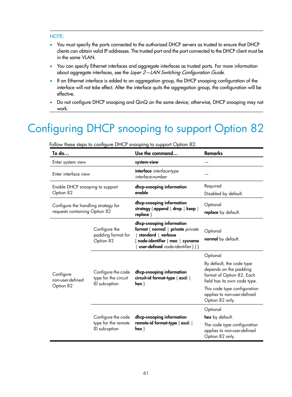 Configuring dhcp snooping to support option 82 | H3C Technologies H3C WX3000E Series Wireless Switches User Manual | Page 72 / 191